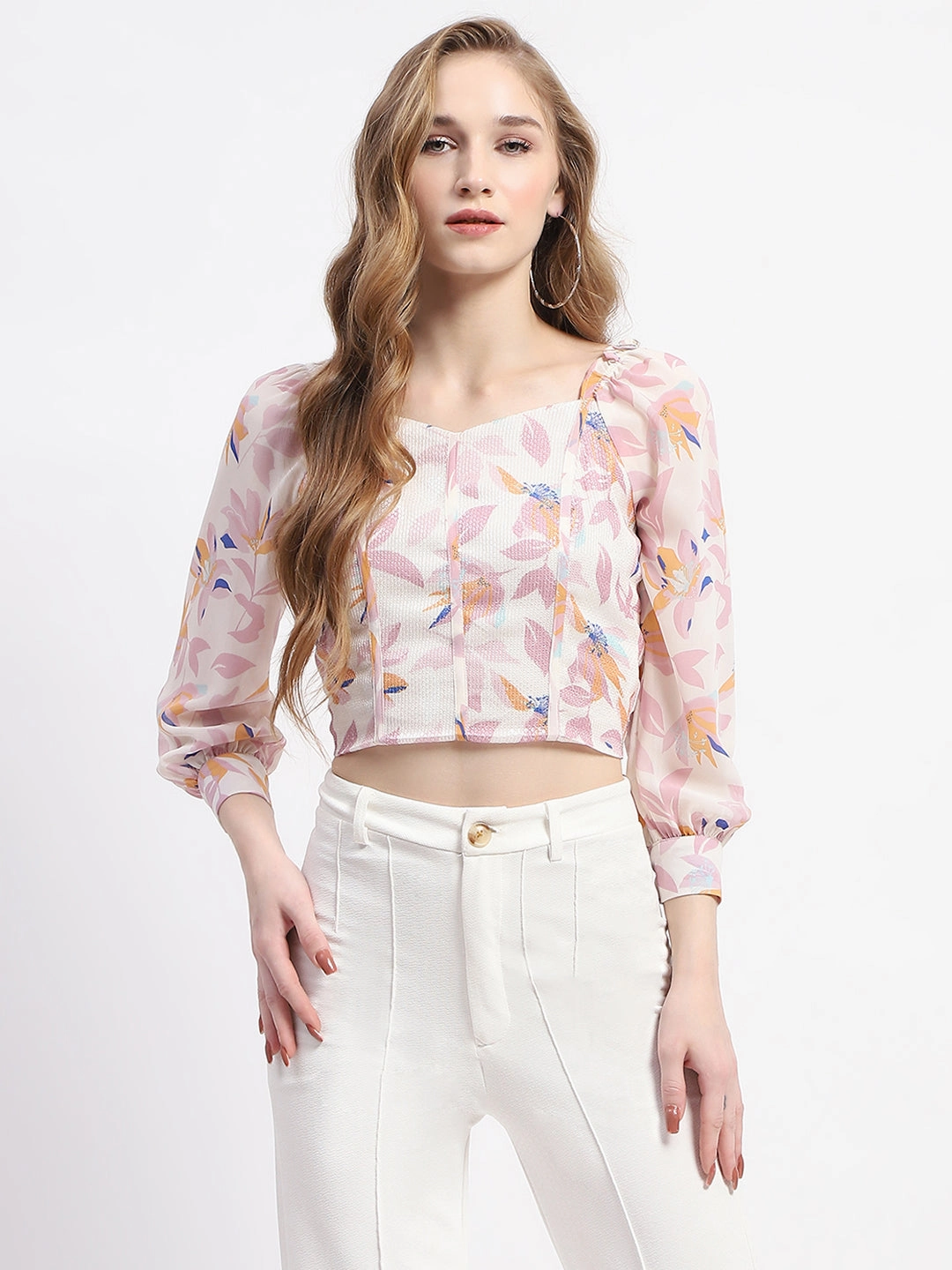 Stylish Hoodie Stretchable Material Madame Off White Floral Print Crop Top