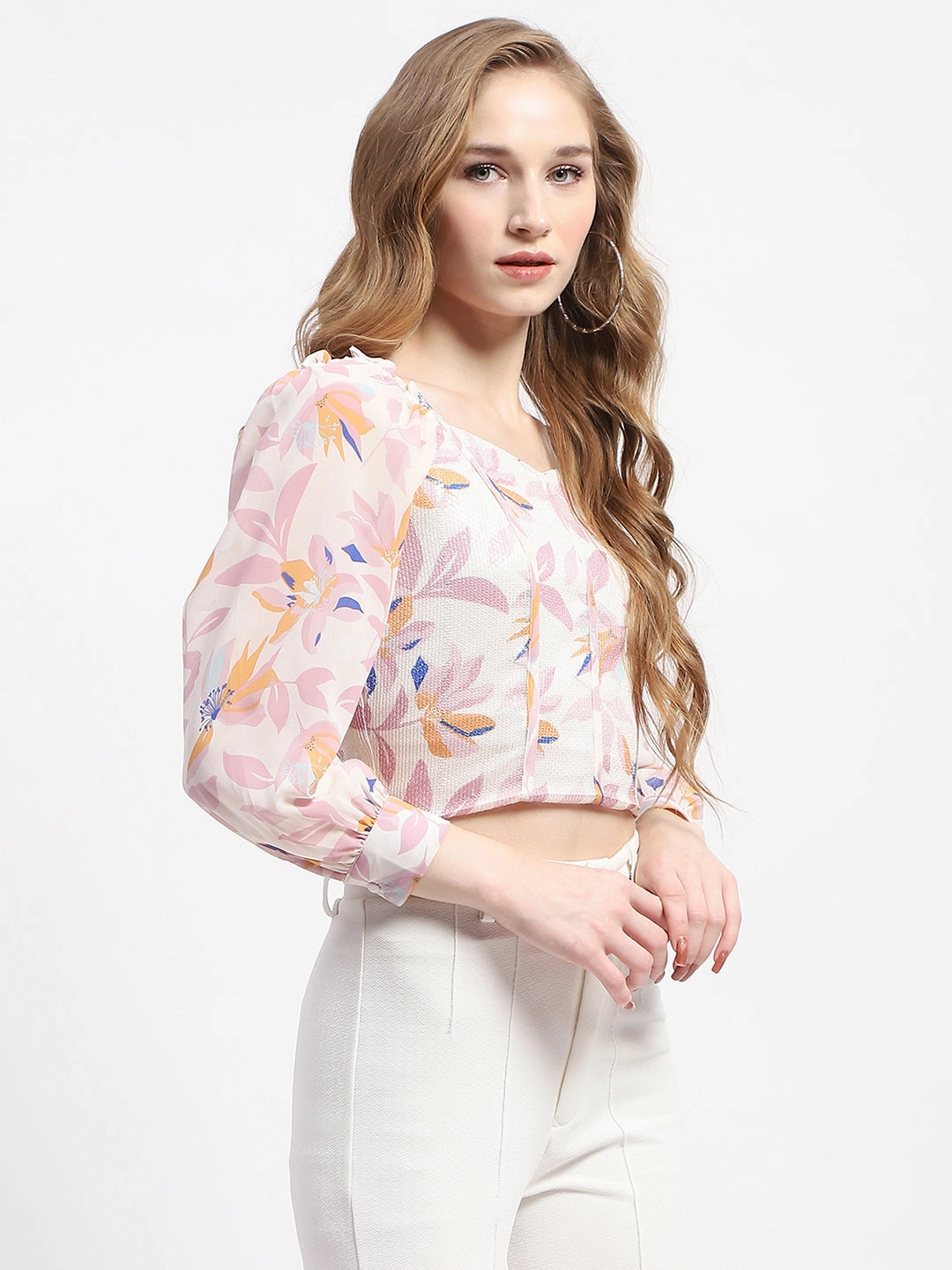 Neutral Tone Palette Madame Off White Floral Print Crop Top