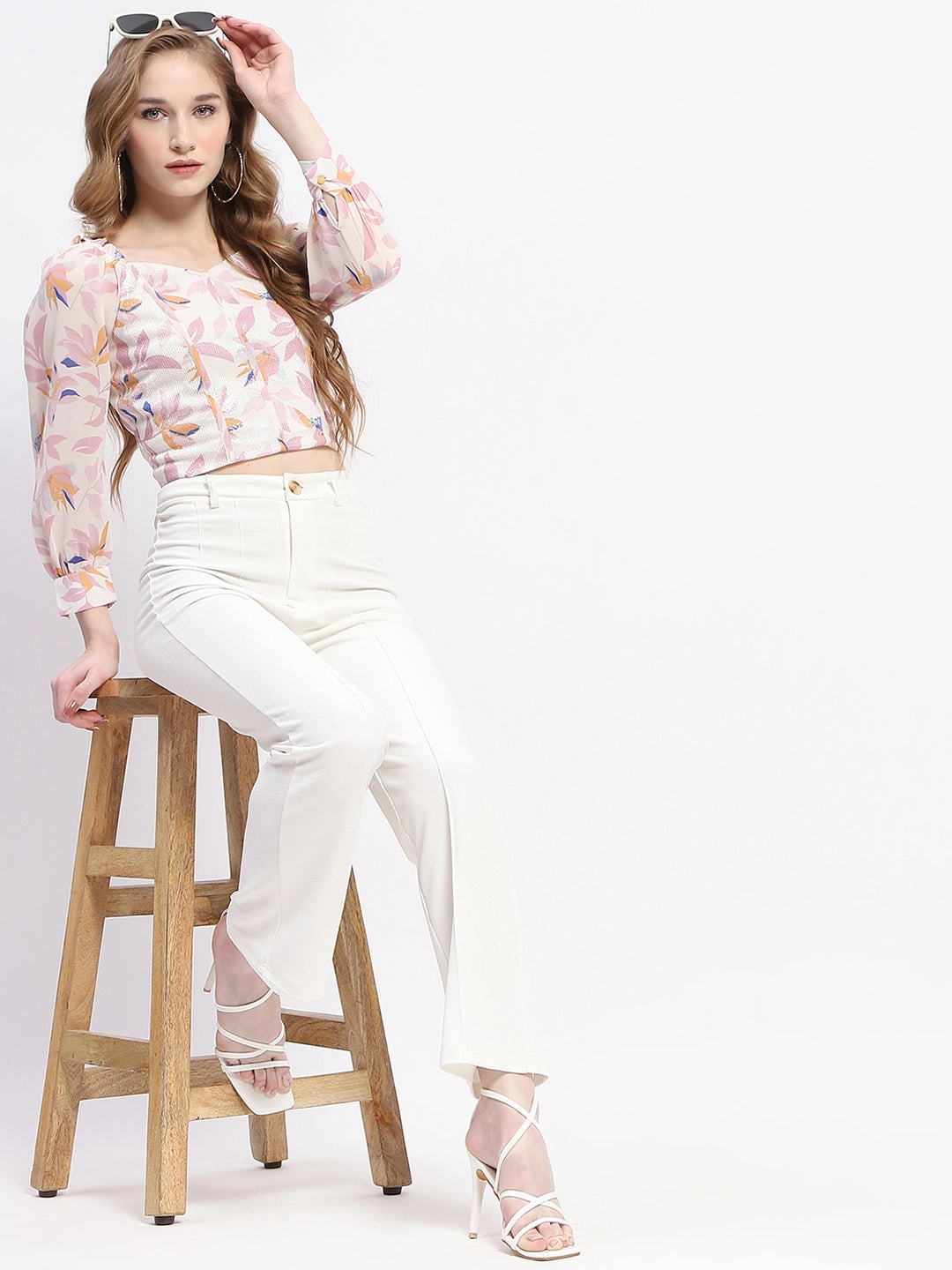 Madame Off White Floral Print Crop Top ReflectiveTrim