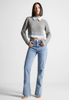 EcoFriendly Material Blend BreathableKnit Fabric Flavie - Knitted Jumper with Shirt Detail - Blue/Grey