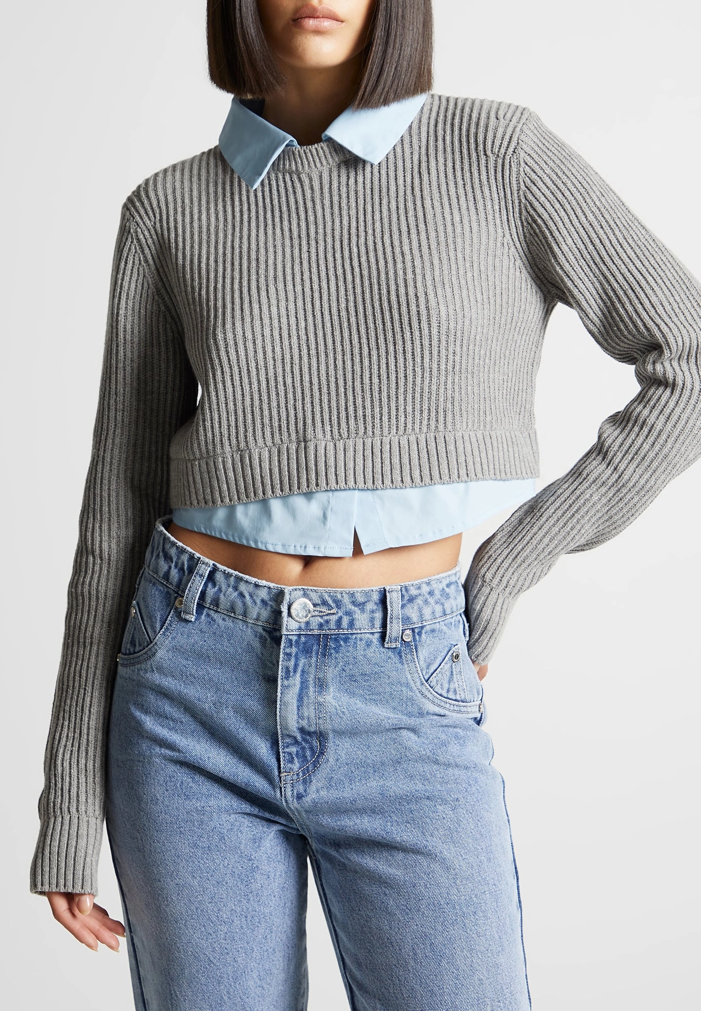 Flavie - Knitted Jumper with Shirt Detail - Blue/Grey Tailored Silhouette