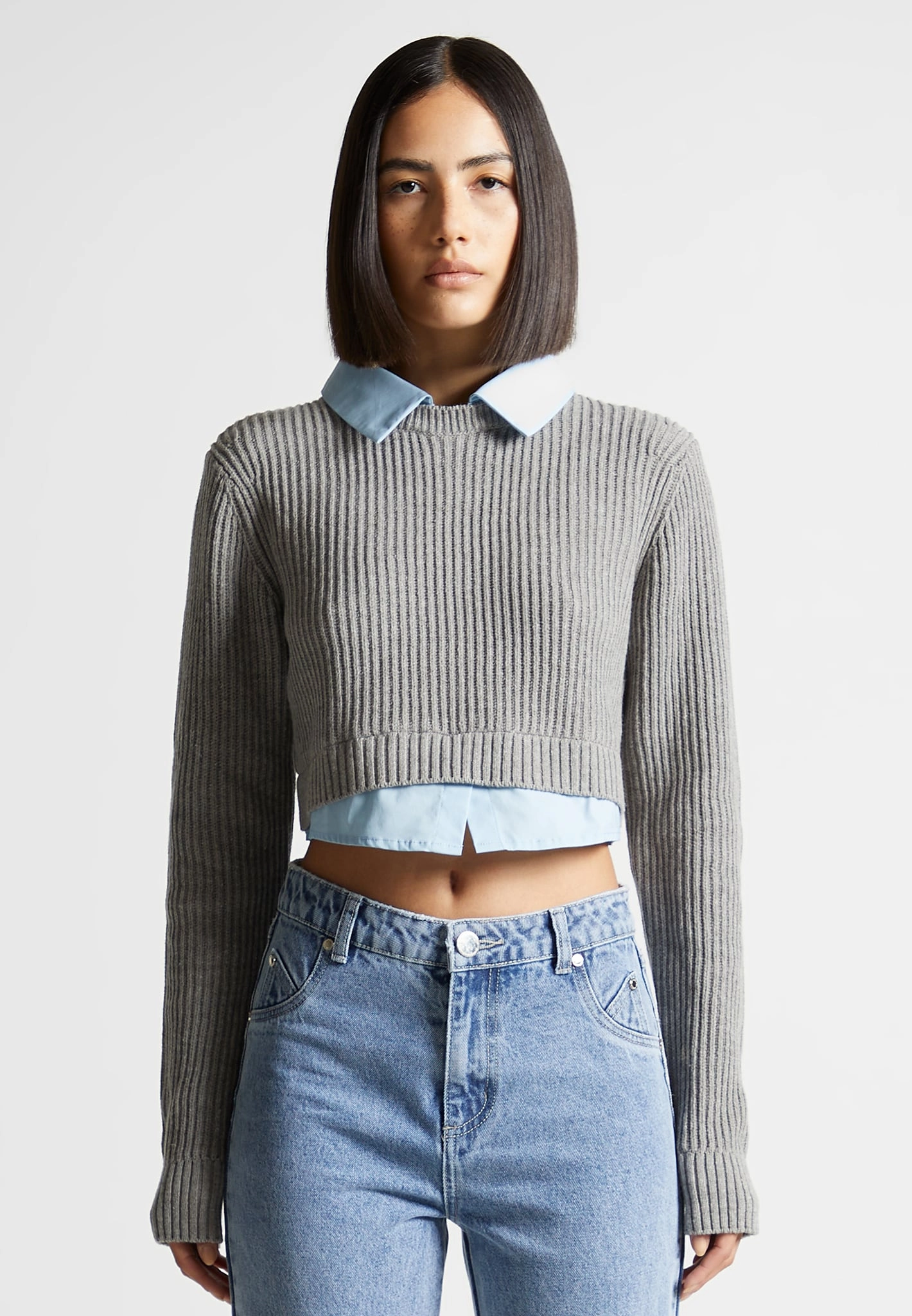 Lightweight insulation Multi Look Flavie - Knitted Jumper with Shirt Detail - Blue/Grey