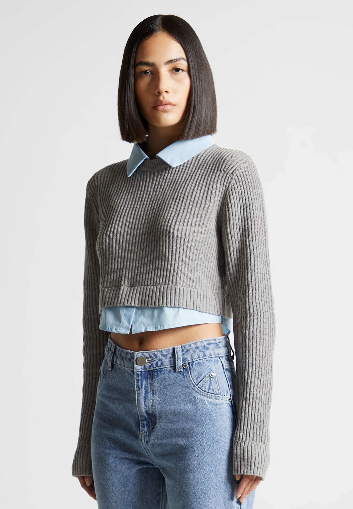 Classic Ready Odor Control Technology Flavie - Knitted Jumper with Shirt Detail - Blue/Grey