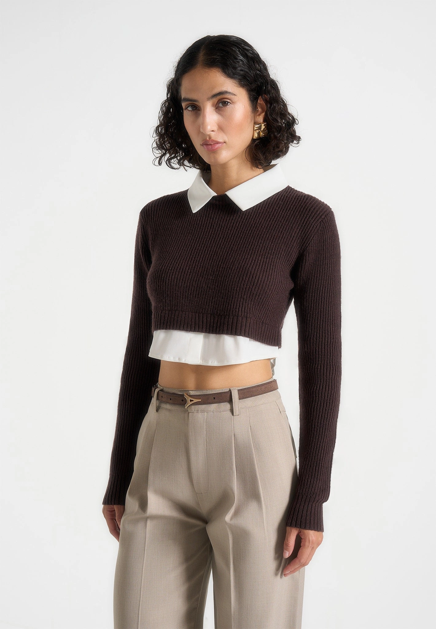 Stretch Ribbing Flavie - Knitted Jumper With Shirt Detail - Brown