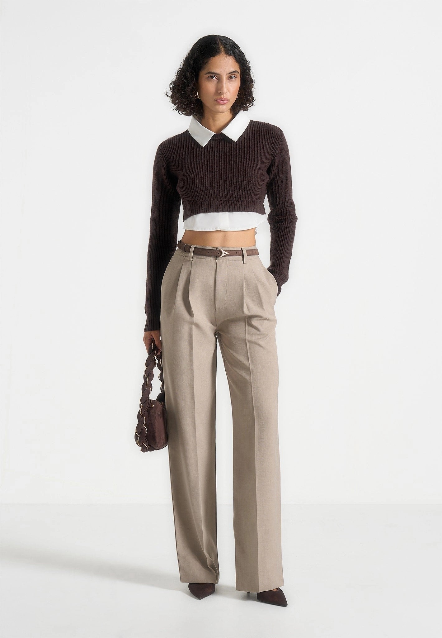 Flavie - Knitted Jumper With Shirt Detail - Brown Dimensional Jacquard Weave