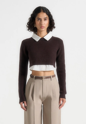 Flavie - Knitted Jumper With Shirt Detail - Brown Ventilation Panel Smart Pick