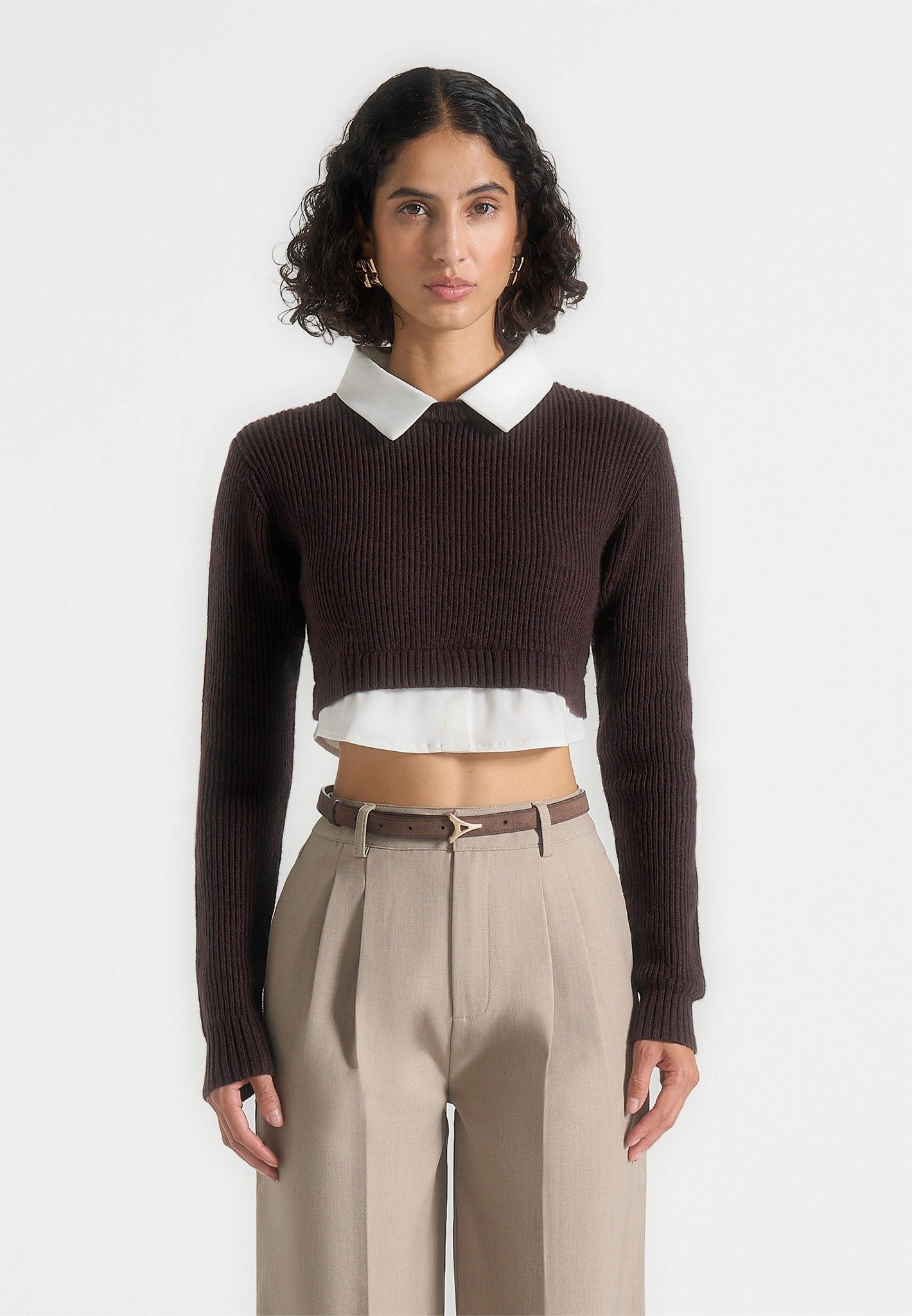 Flavie - Knitted Jumper With Shirt Detail - Brown Ventilation Panel Smart Pick