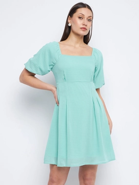 Madame Pleat Detailed Square Neck Sea Green Mini Dress Water-Repellent-Finish ConvertibleNeckline