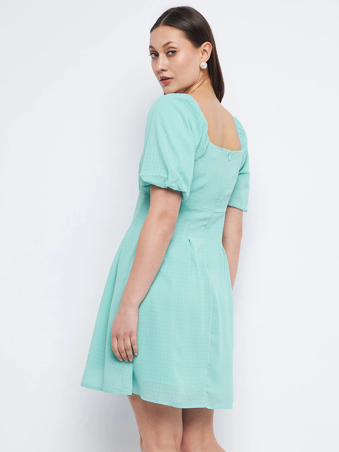 Madame Pleat Detailed Square Neck Sea Green Mini Dress Perfect Layers Lounge Base