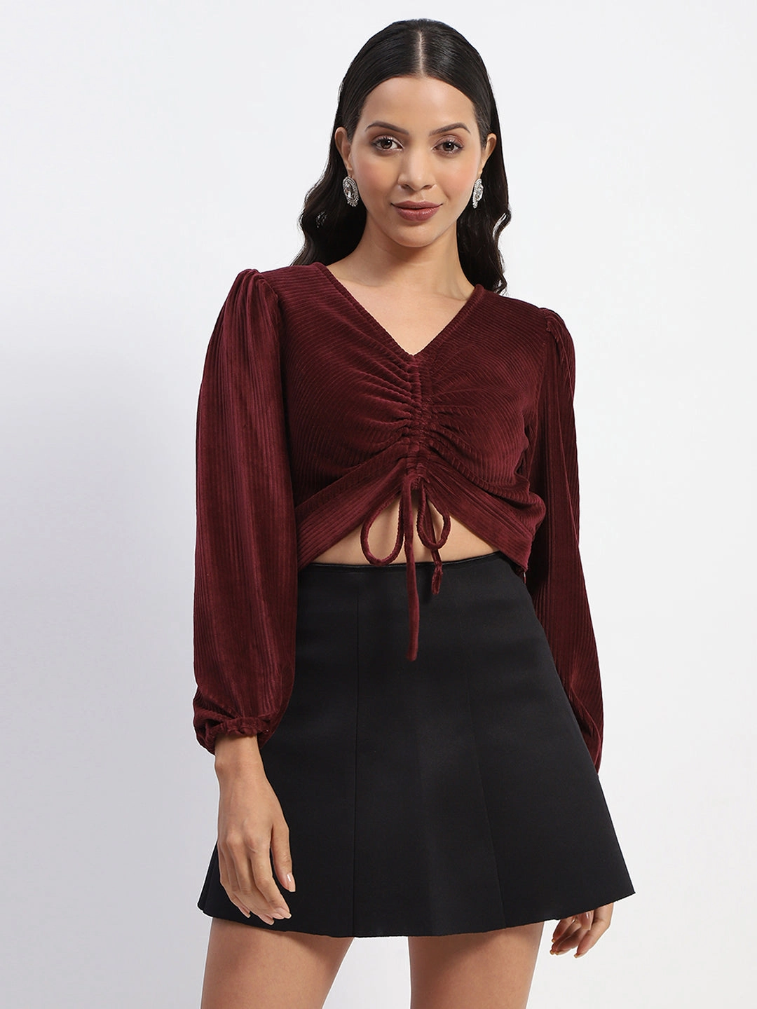 Madame Ruched V Neck Puff Sleeve Velvet Crop Top Soft Touch Fabric