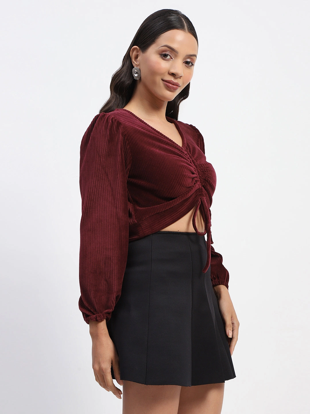 StretchTechnology Madame Ruched V Neck Puff Sleeve Velvet Crop Top