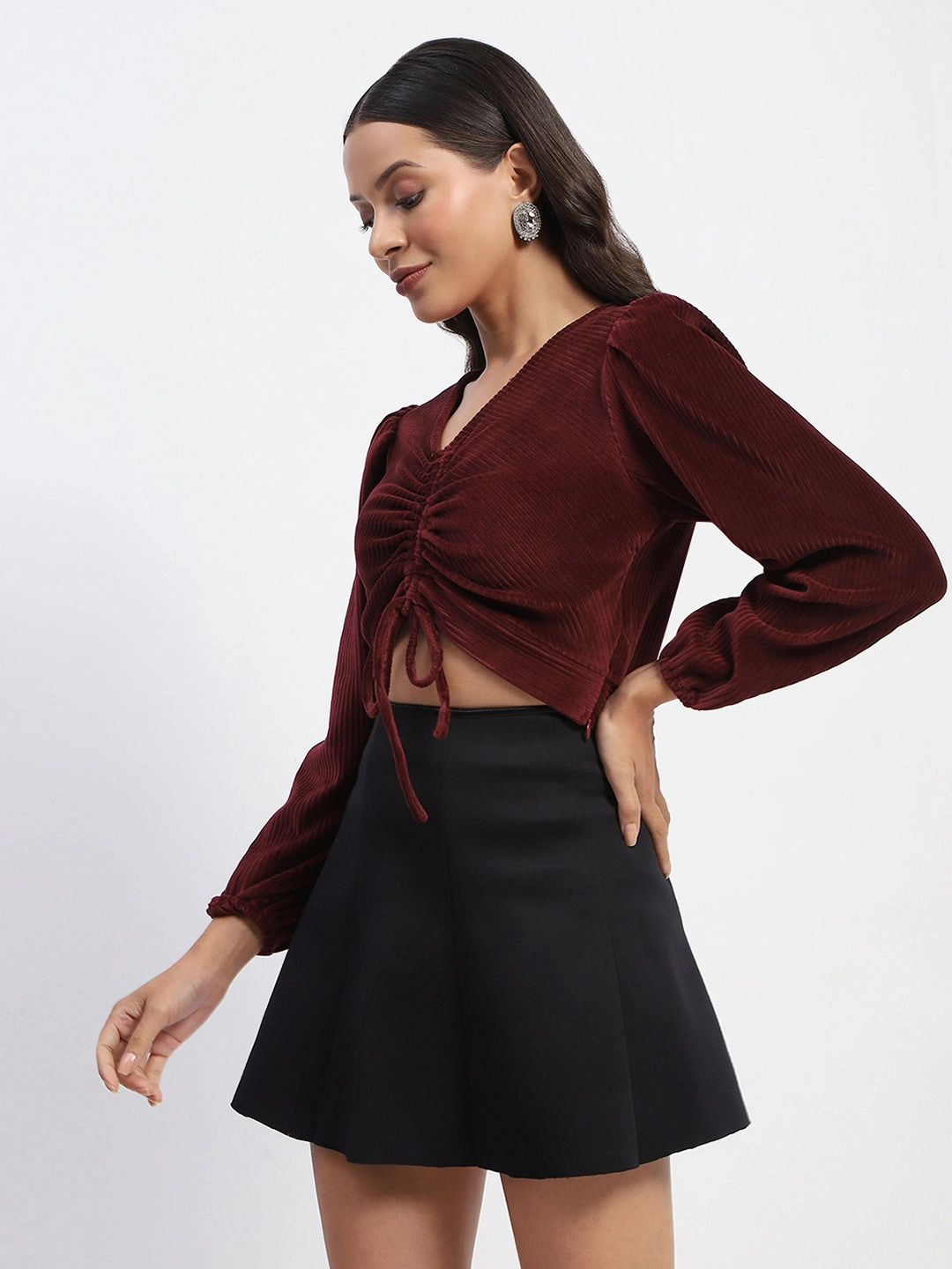 Madame Ruched V Neck Puff Sleeve Velvet Crop Top Quick Release Fasteners