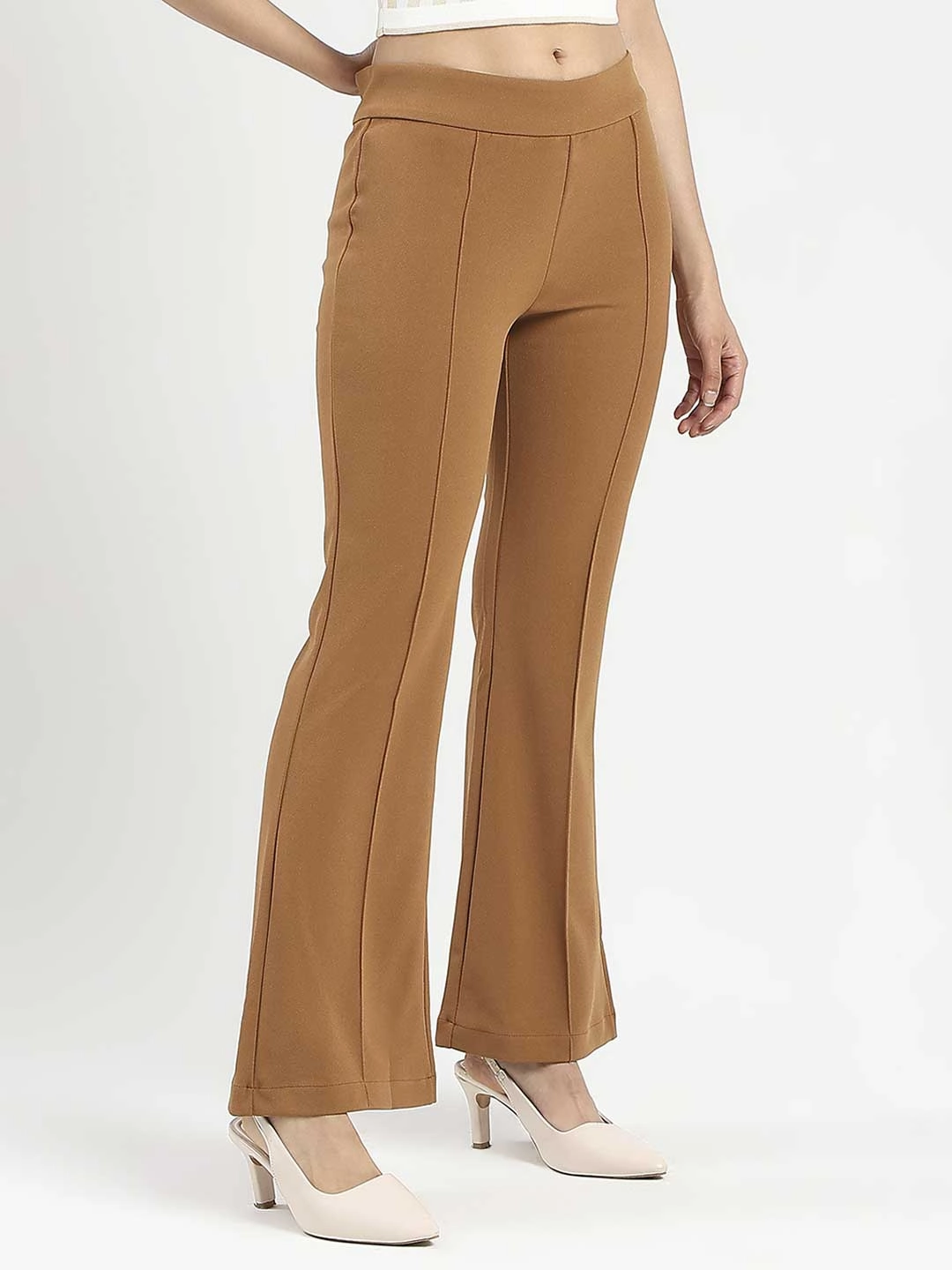 Madame Side Zipper Flared Coffee Brown Knitted Moss Trousers FlexibleLayeredConstruction Minimalist Design