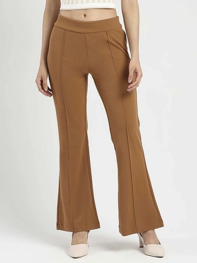 AllDayComfortFit Madame Side Zipper Flared Coffee Brown Knitted Moss Trousers