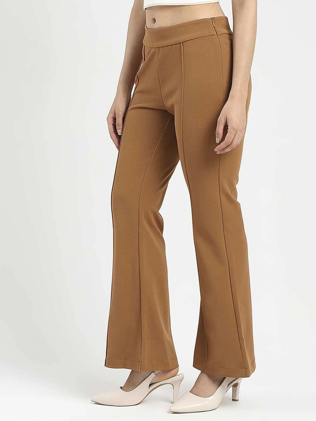 Madame Side Zipper Flared Coffee Brown Knitted Moss Trousers Recycled Fiber Blend Basic Sweatshirt