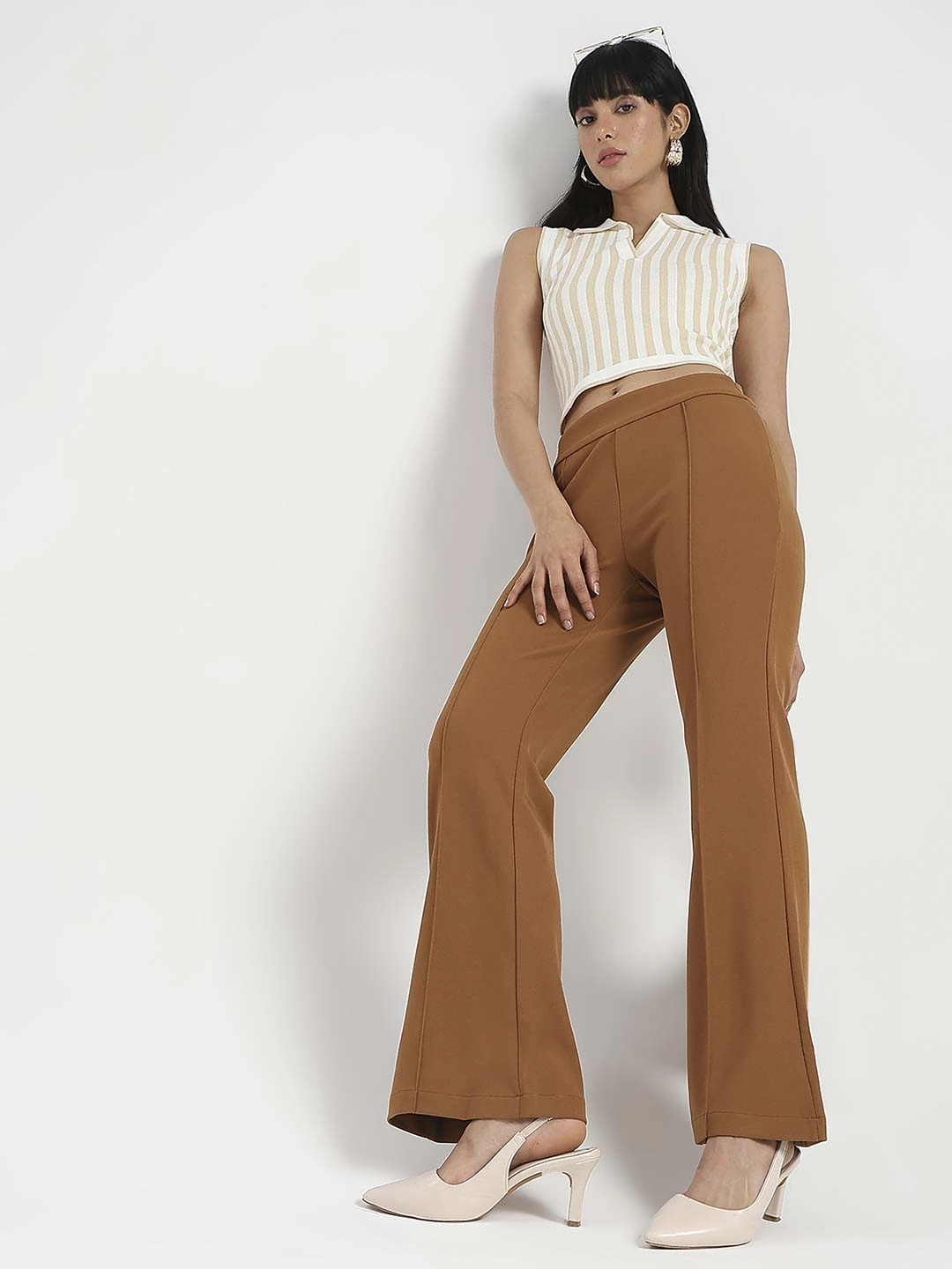 ReinforcedHem Madame Side Zipper Flared Coffee Brown Knitted Moss Trousers