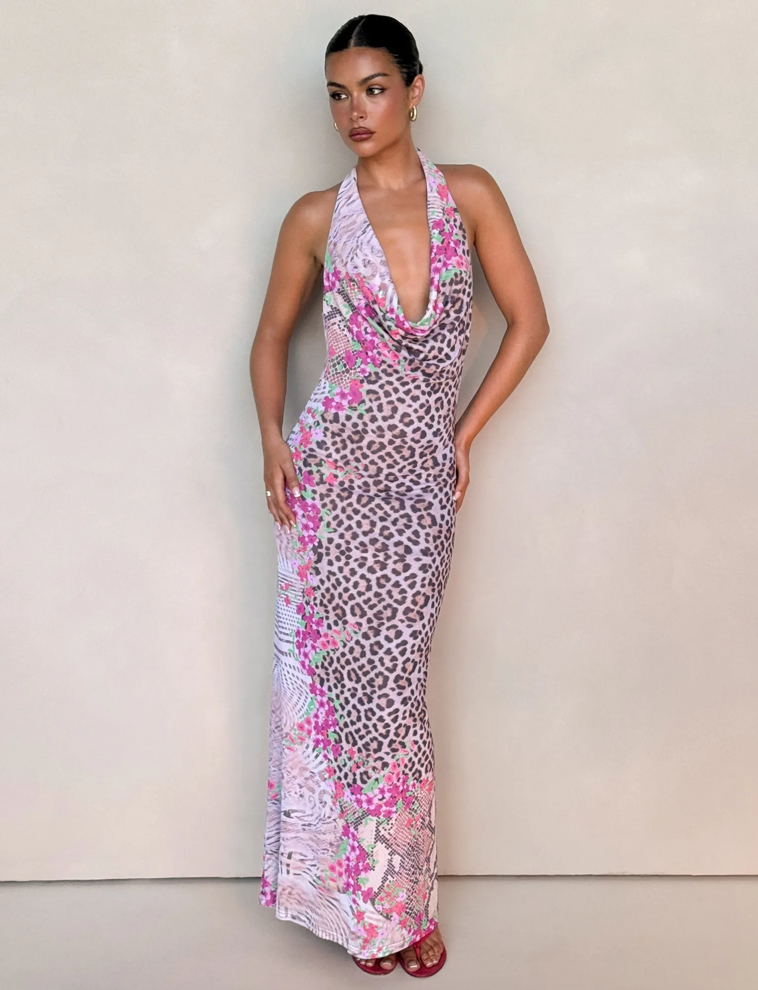Fashionable Wear CATALINA MAXI DRESS - NEUTRAL : ANIMAL : ANIMAL FLORAL BORDER