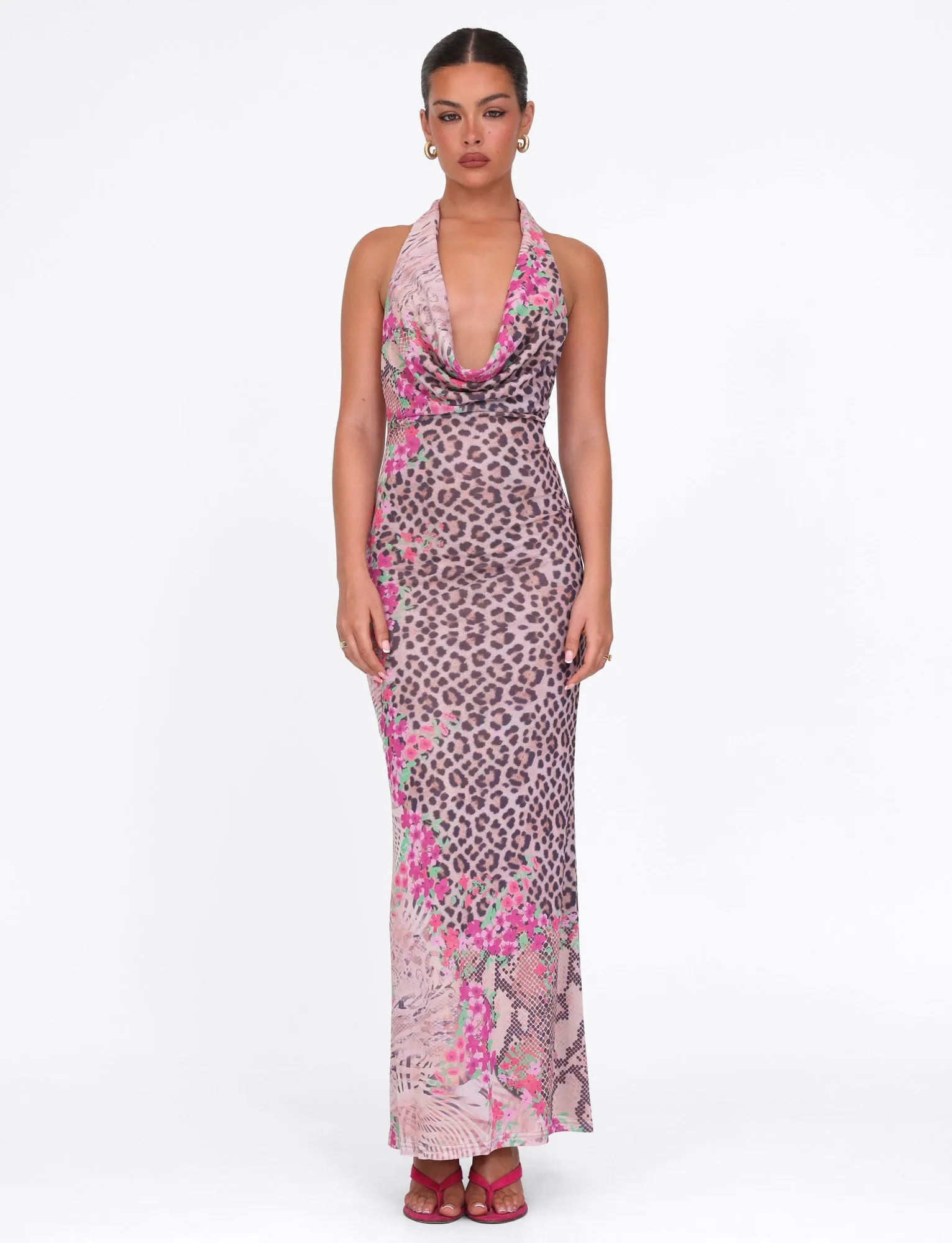 Glossy Detail CATALINA MAXI DRESS - NEUTRAL : ANIMAL : ANIMAL FLORAL BORDER