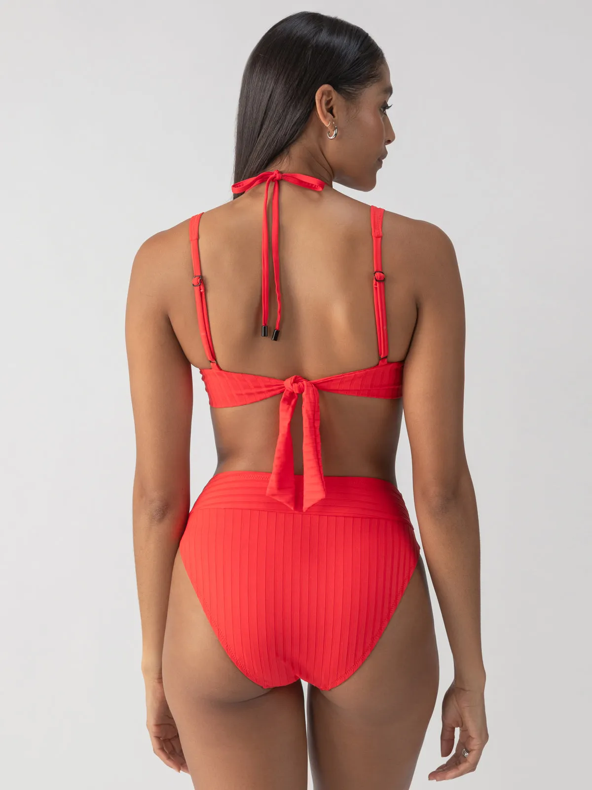 Refresh Rib V Waist High Leg Bikini Bottom Mars Red DoubleStitched Hem