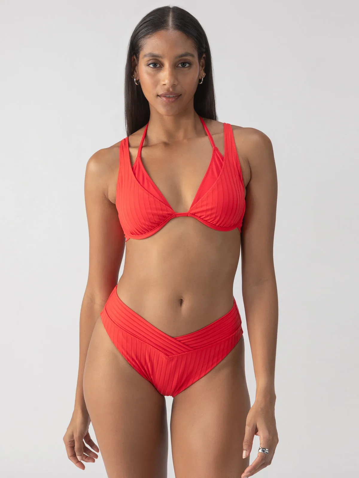 Ribbed Hemline Refresh Rib V Waist High Leg Bikini Bottom Mars Red