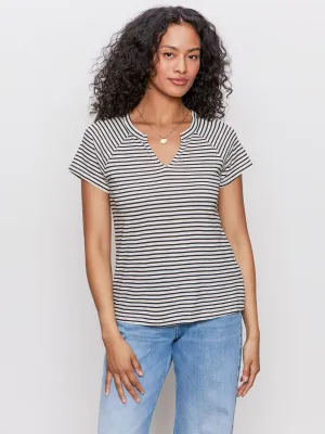 Notch Neck Tee Light Oat/Black Stripe Textured Surface Cozy Performance