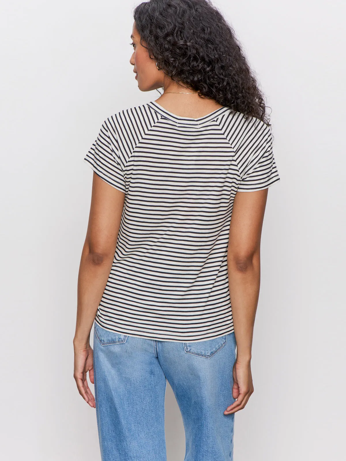 Notch Neck Tee Light Oat/Black Stripe Chic Comfort Printed uniqueness