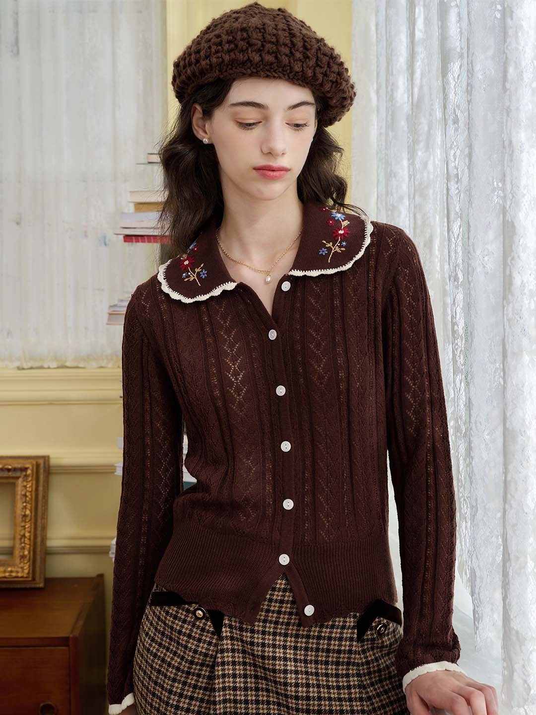 ??Final Sale??Shay Peter Pan Collar Embroidered Contrast Cutout Cardigan Relaxed Trend