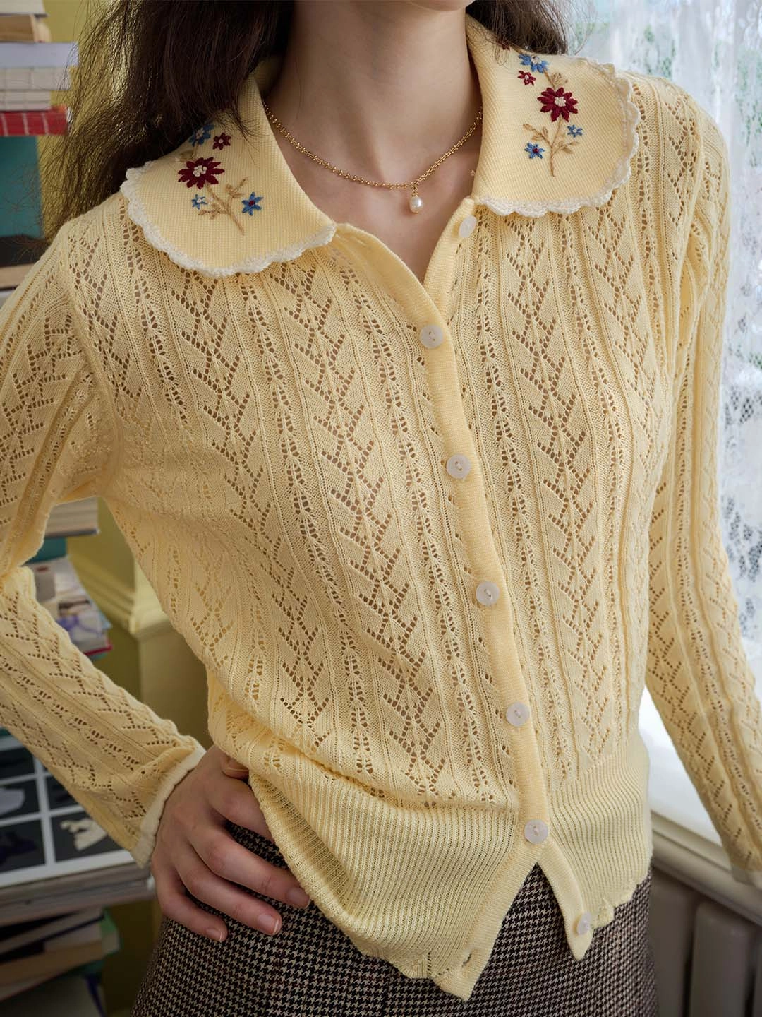 ??Final Sale??Shay Peter Pan Collar Embroidered Contrast Cutout Cardigan Urban Classic High Elasticity