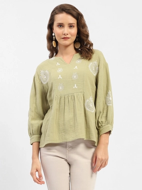 Moisture Wicking Technology Madame Balloon Sleeve Green Chikankari Work Top