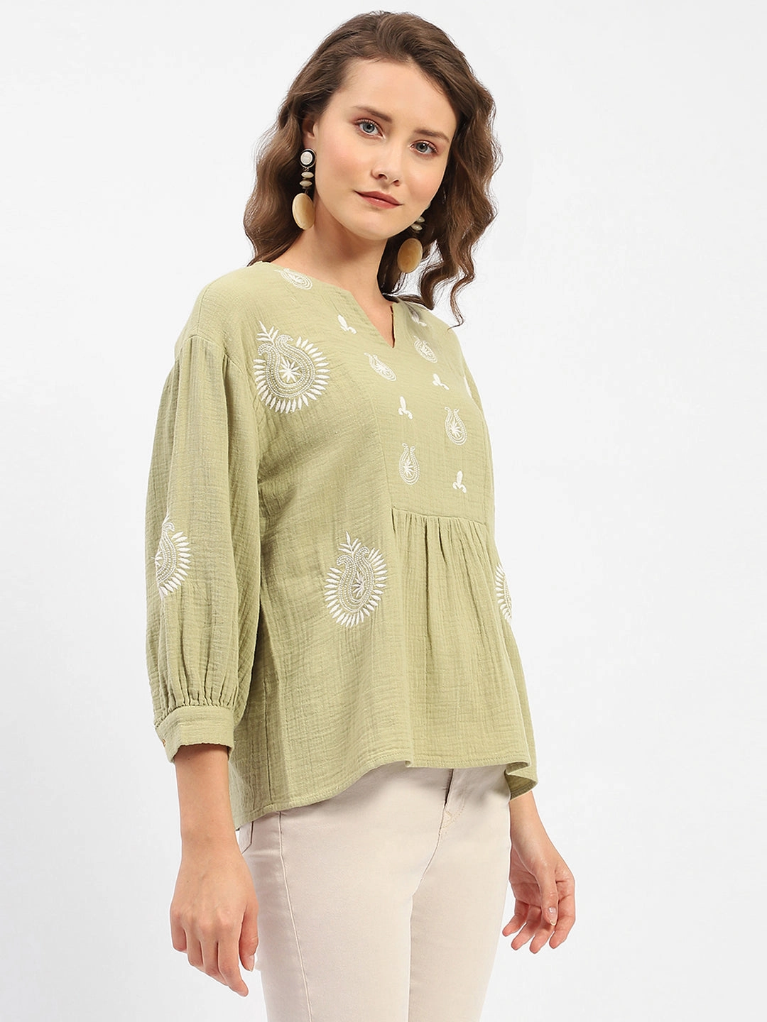 Double Stitched Seams Thermal Regulation Technology Madame Balloon Sleeve Green Chikankari Work Top
