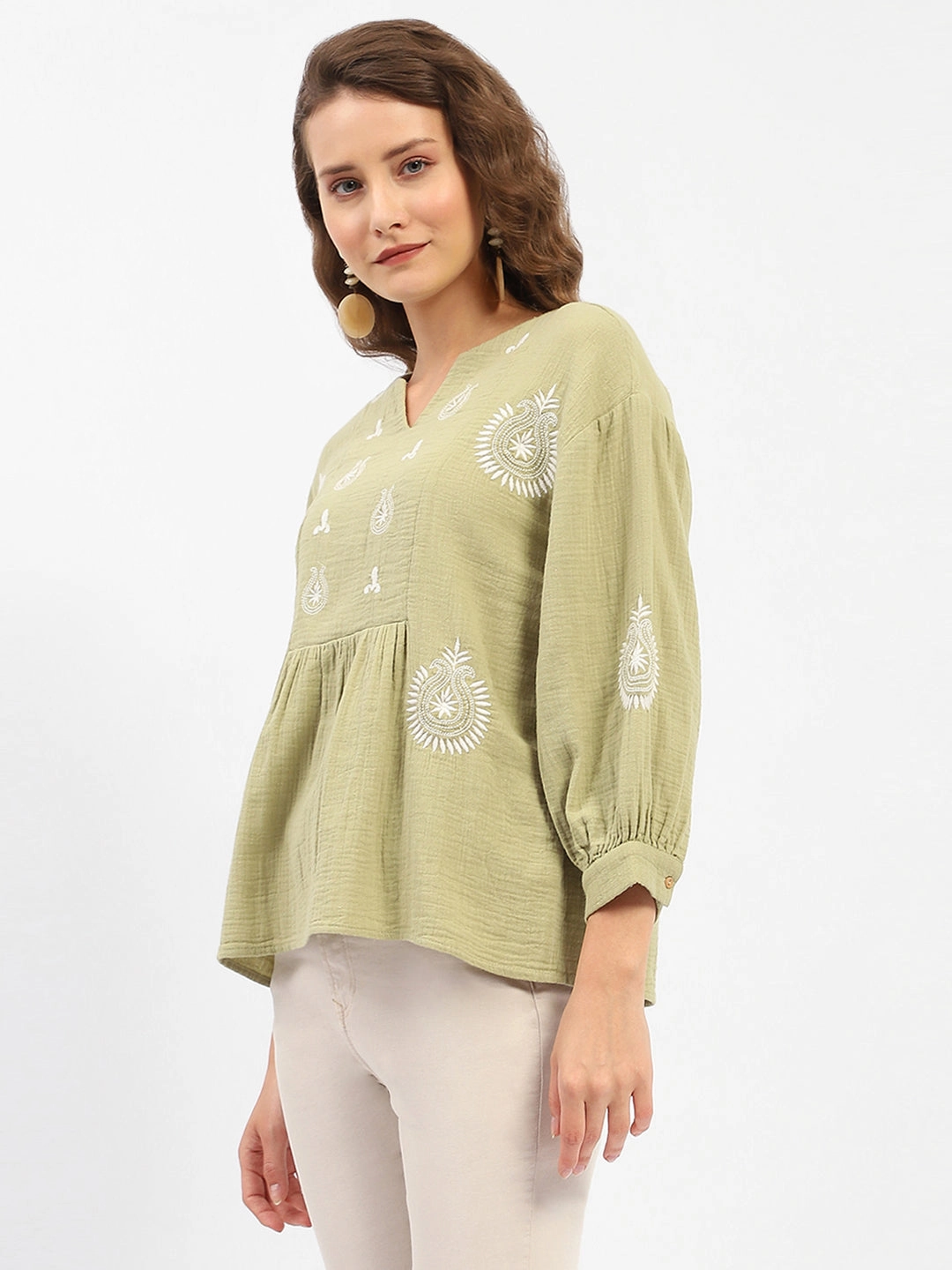 Madame Balloon Sleeve Green Chikankari Work Top Wicking Inner Lining