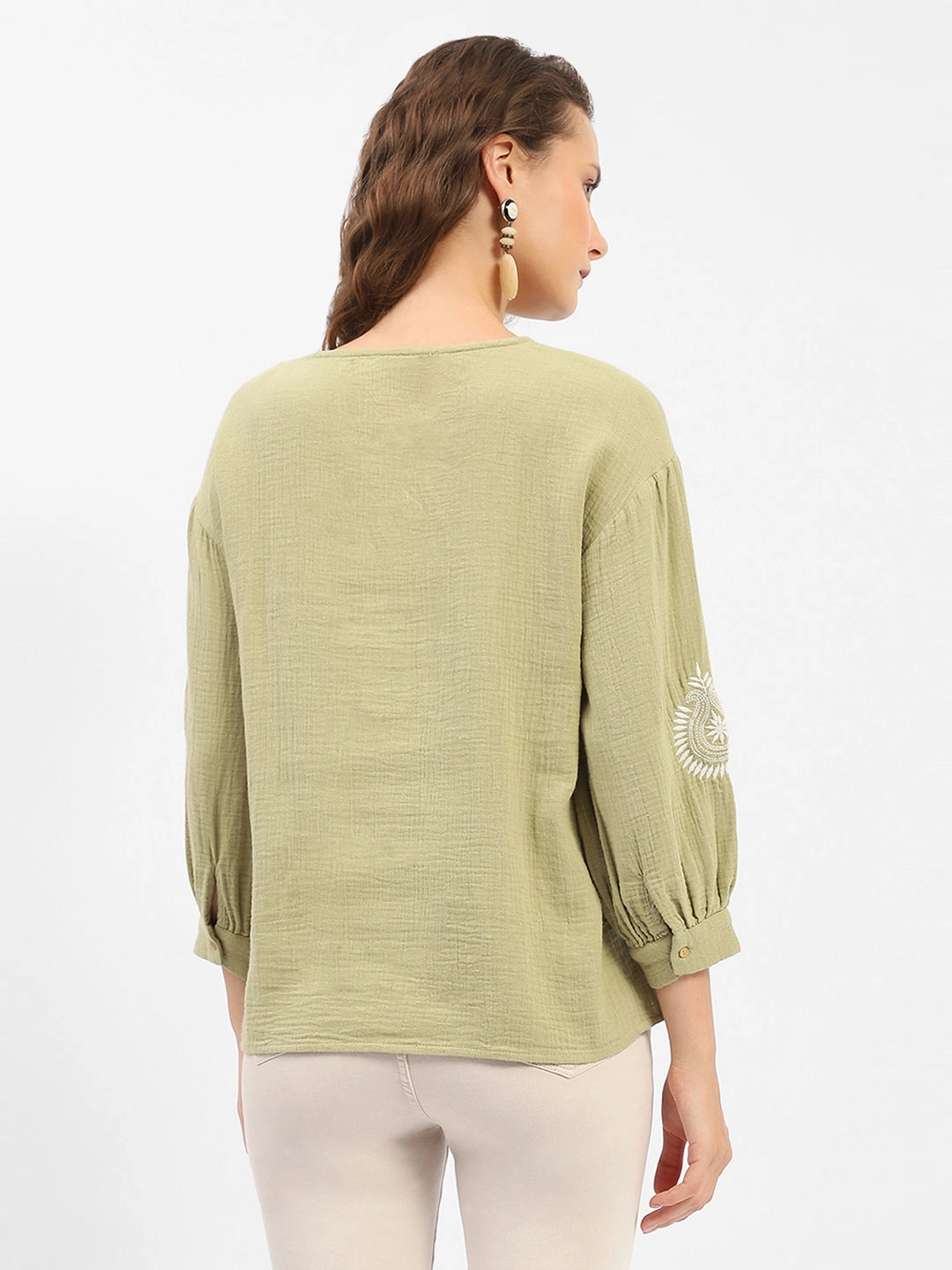 Madame Balloon Sleeve Green Chikankari Work Top Moisture wicking