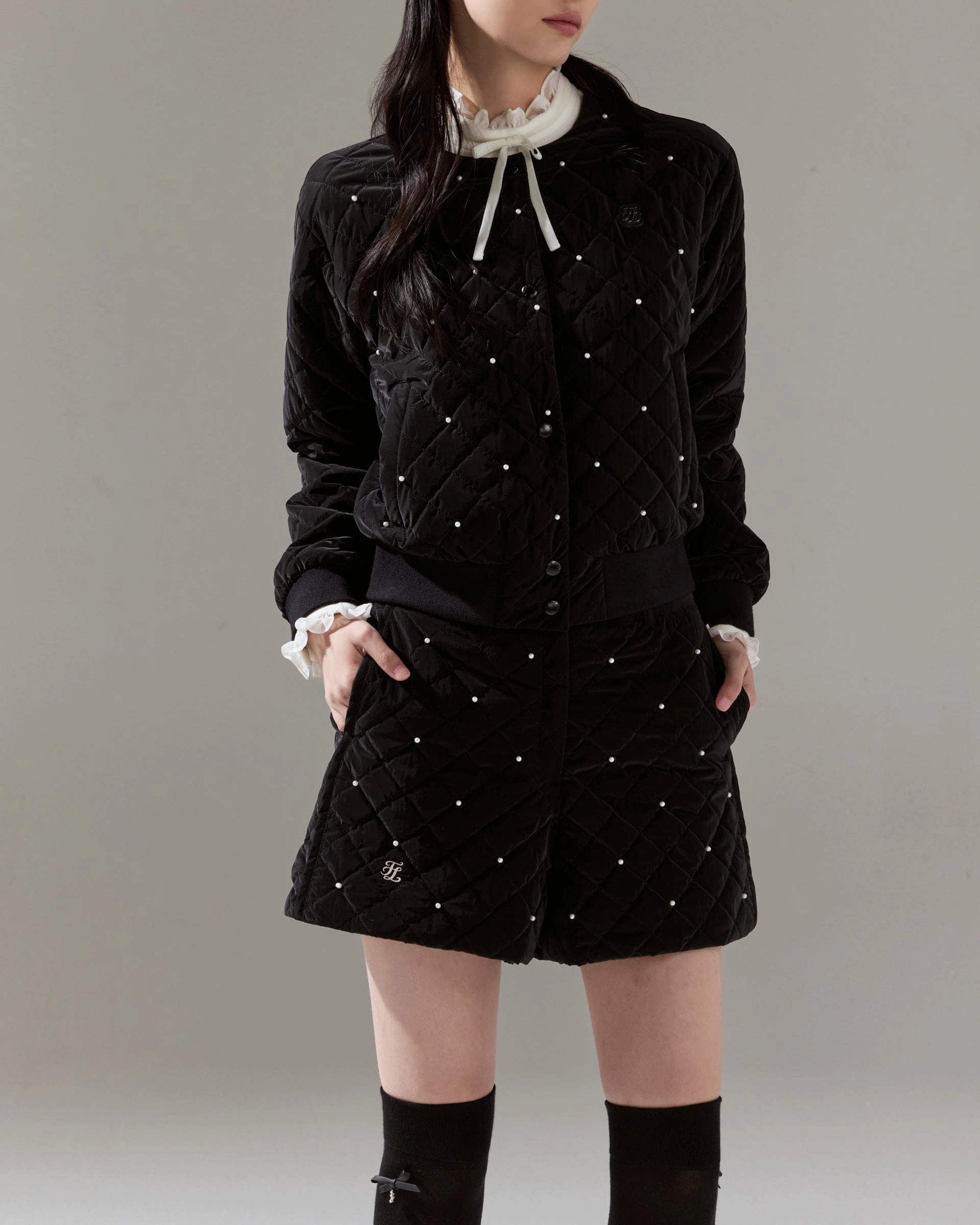 DoubleLayeredHem Pearl quilted jumper - Black