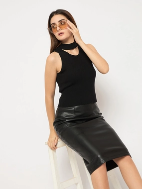 Madame Black Ribbed Sleeveless Cutout Sweater Versatile Knit