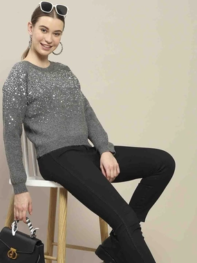 Winter Layering Madame Sequin Adorned Dark Grey Sweater
