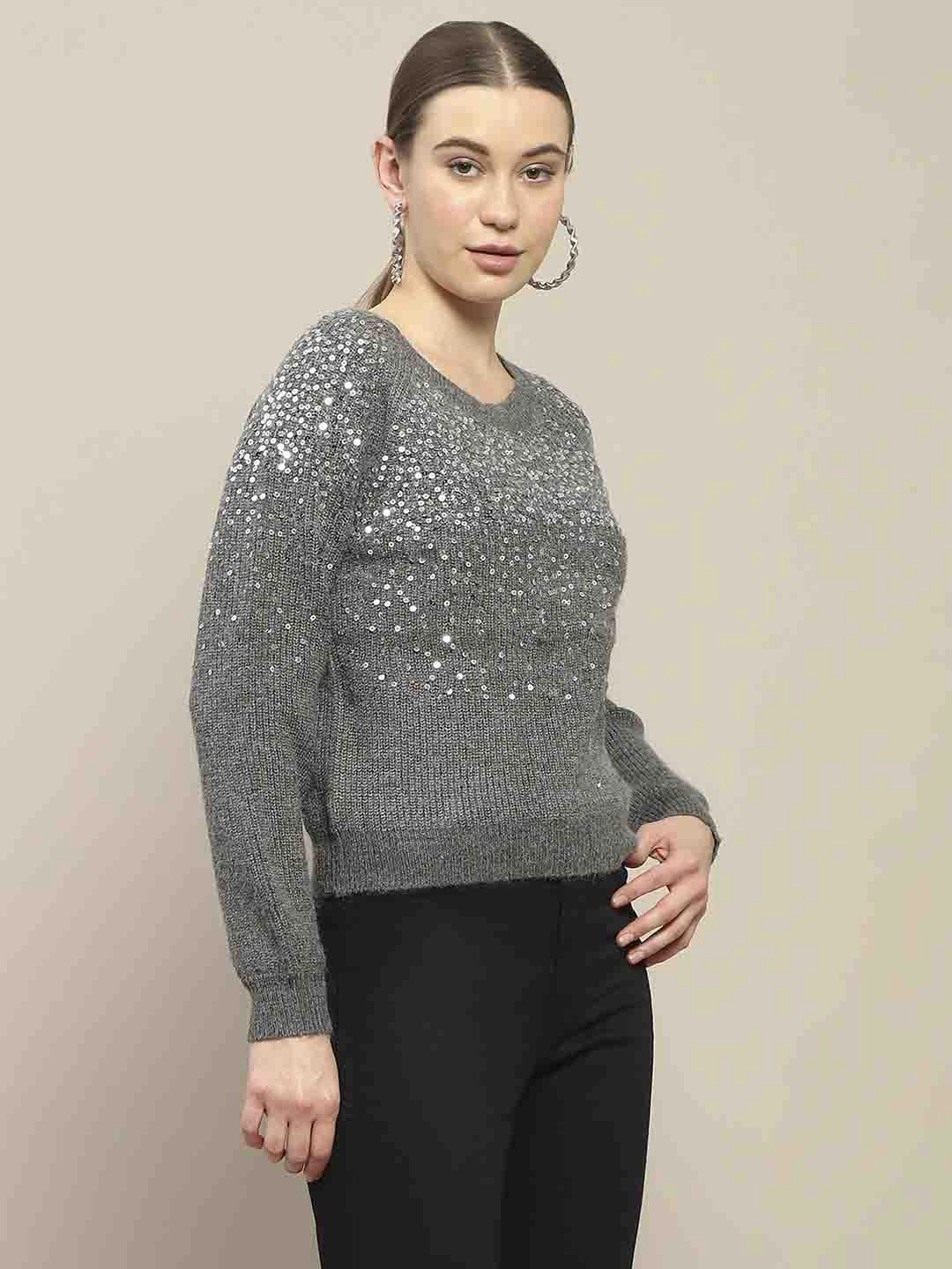 Madame Sequin Adorned Dark Grey Sweater Stretchable Comfort