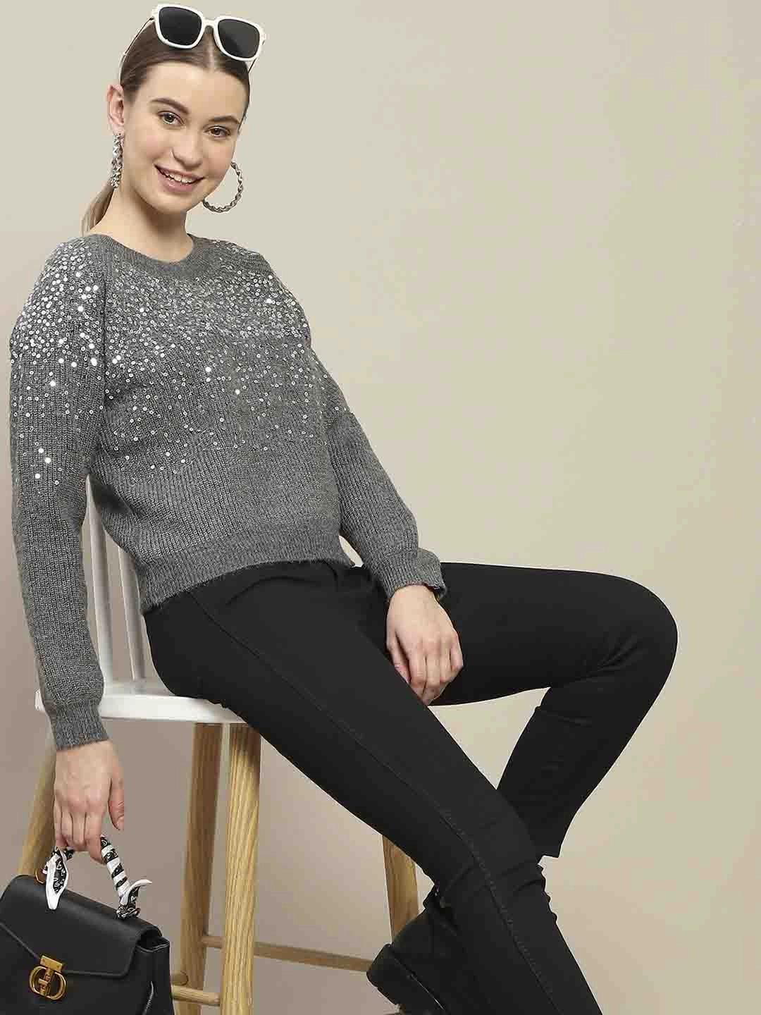 Winter Layering Madame Sequin Adorned Dark Grey Sweater