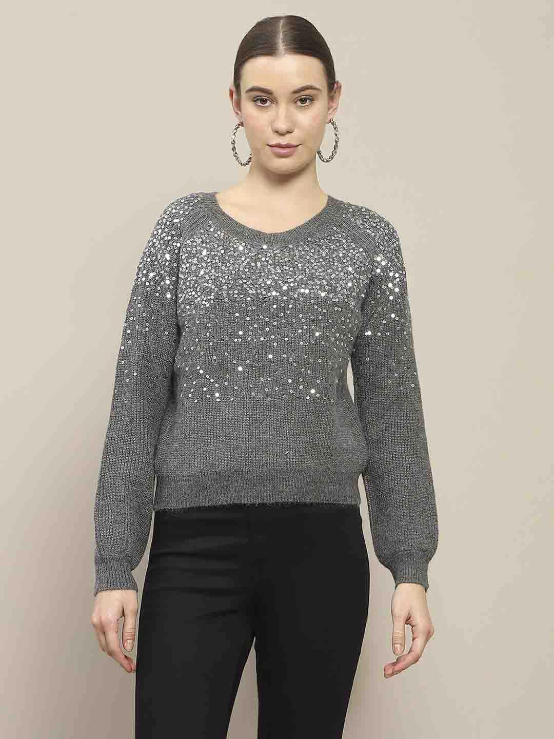 Madame Sequin Adorned Dark Grey Sweater Dynamic Ventilation Panels Versatile Stretch