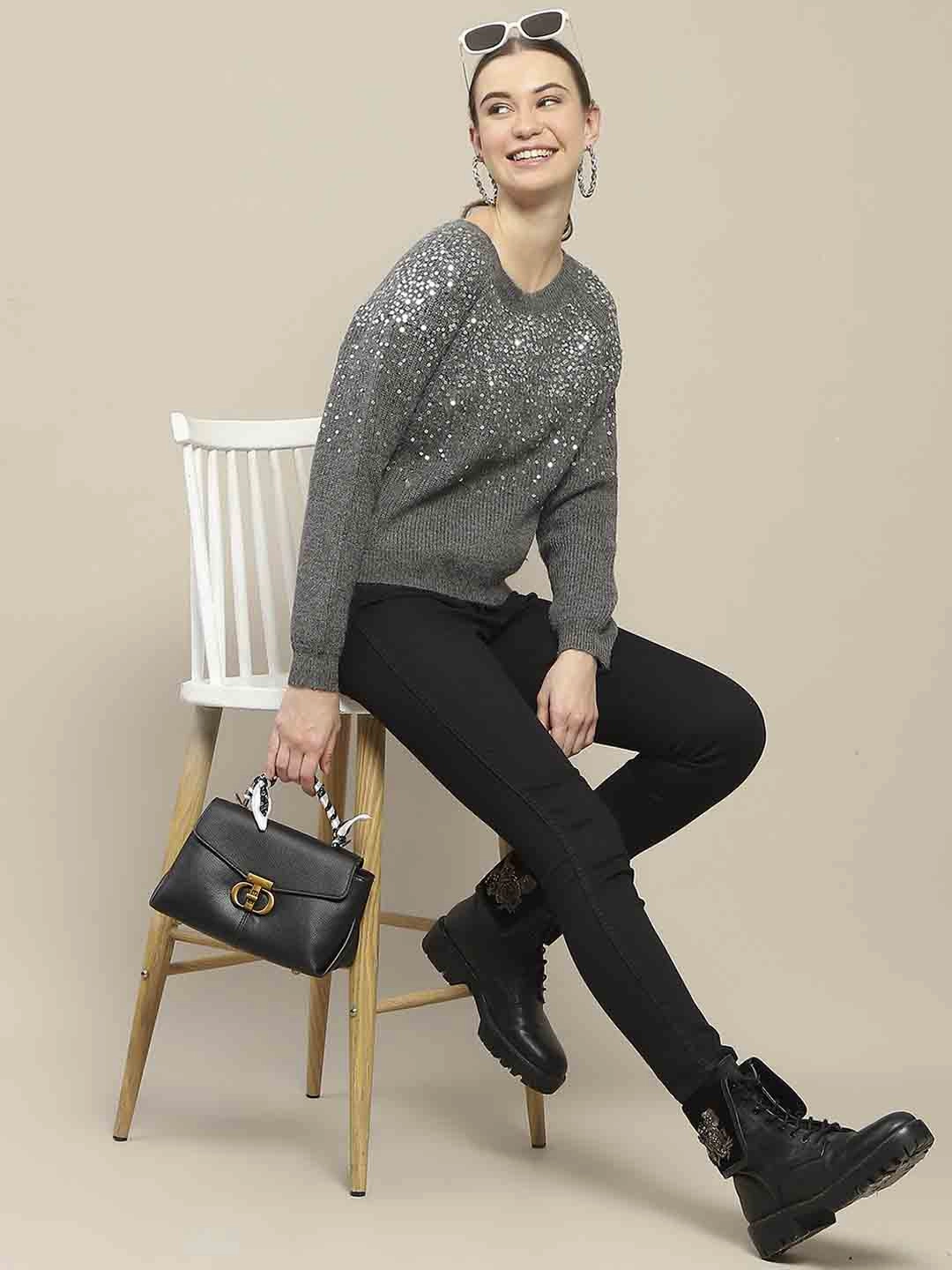 Soft Touch Quick drying material Madame Sequin Adorned Dark Grey Sweater
