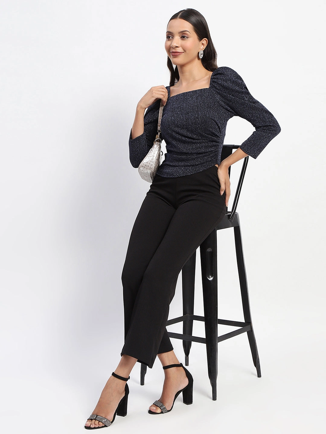 Madame Gathered Shimmery Square Neck Navy Top AntiPilling Technology UltraSoft Lining