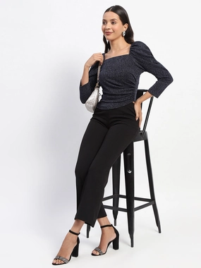Madame Gathered Shimmery Square Neck Navy Top ZipperedPockets Self Cleaning Coating