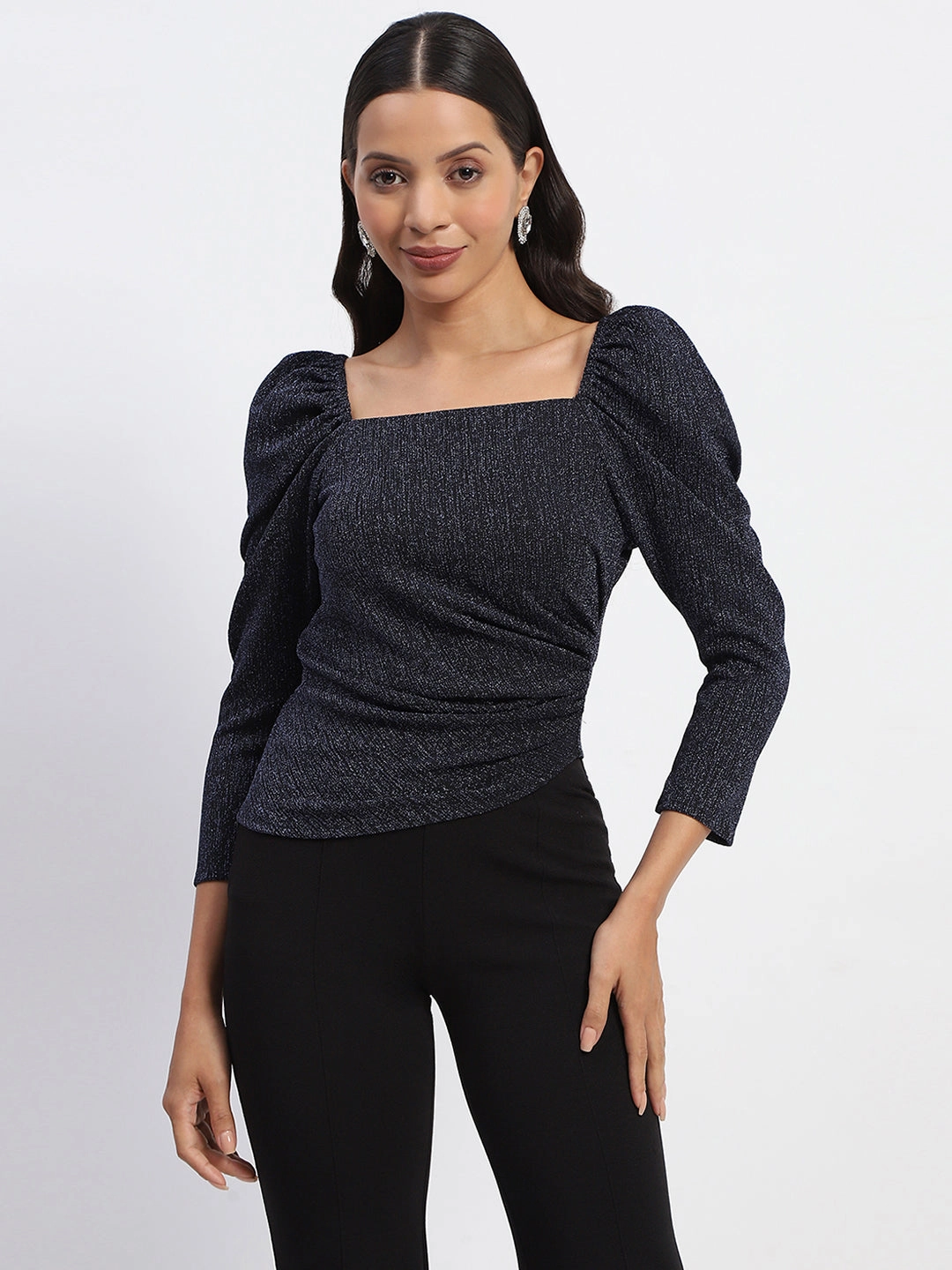 Madame Gathered Shimmery Square Neck Navy Top Compact TravelFriendly Design Cozy Cardigan