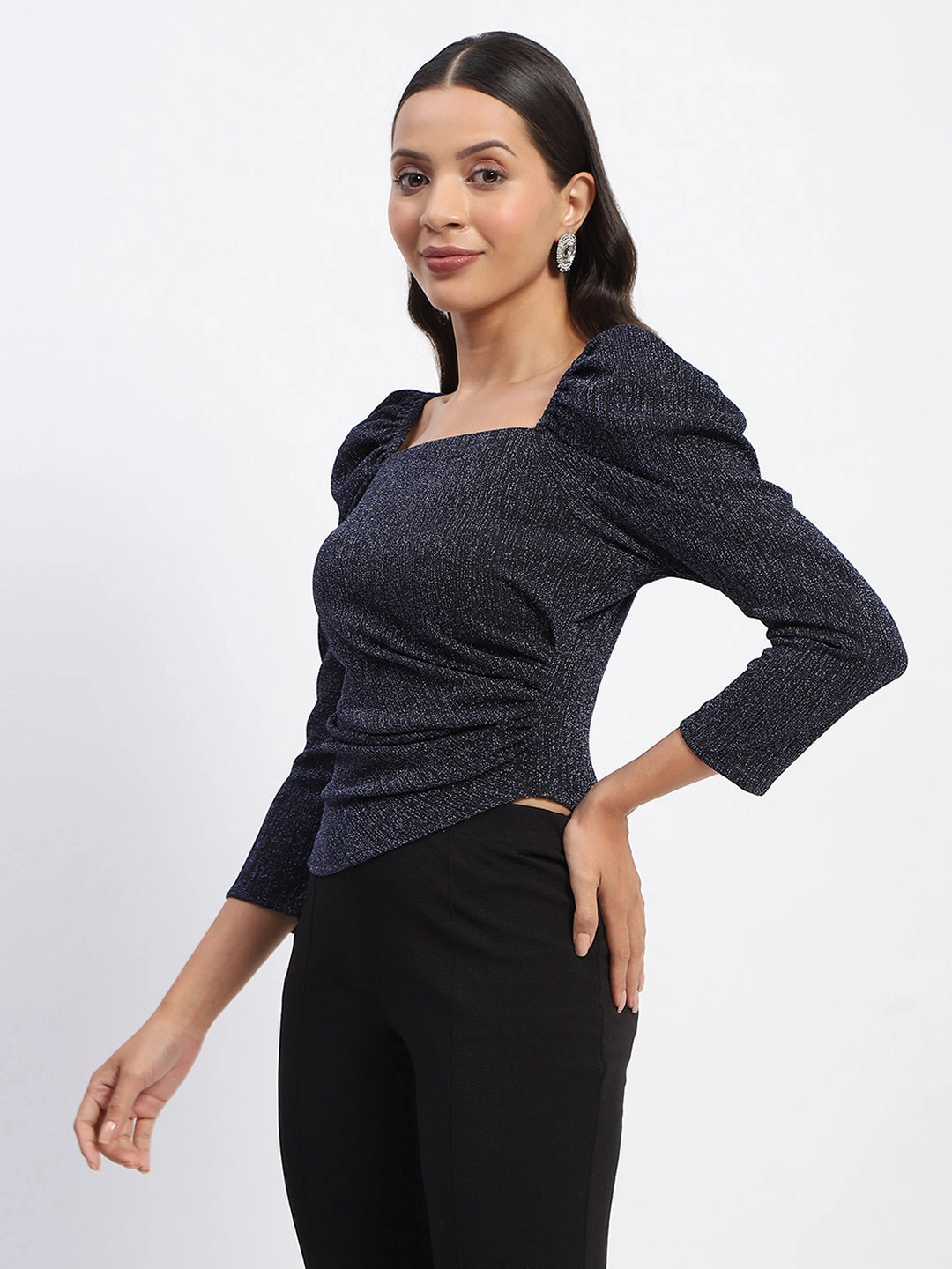 Recycled Polyester Cozy Wear Madame Gathered Shimmery Square Neck Navy Top