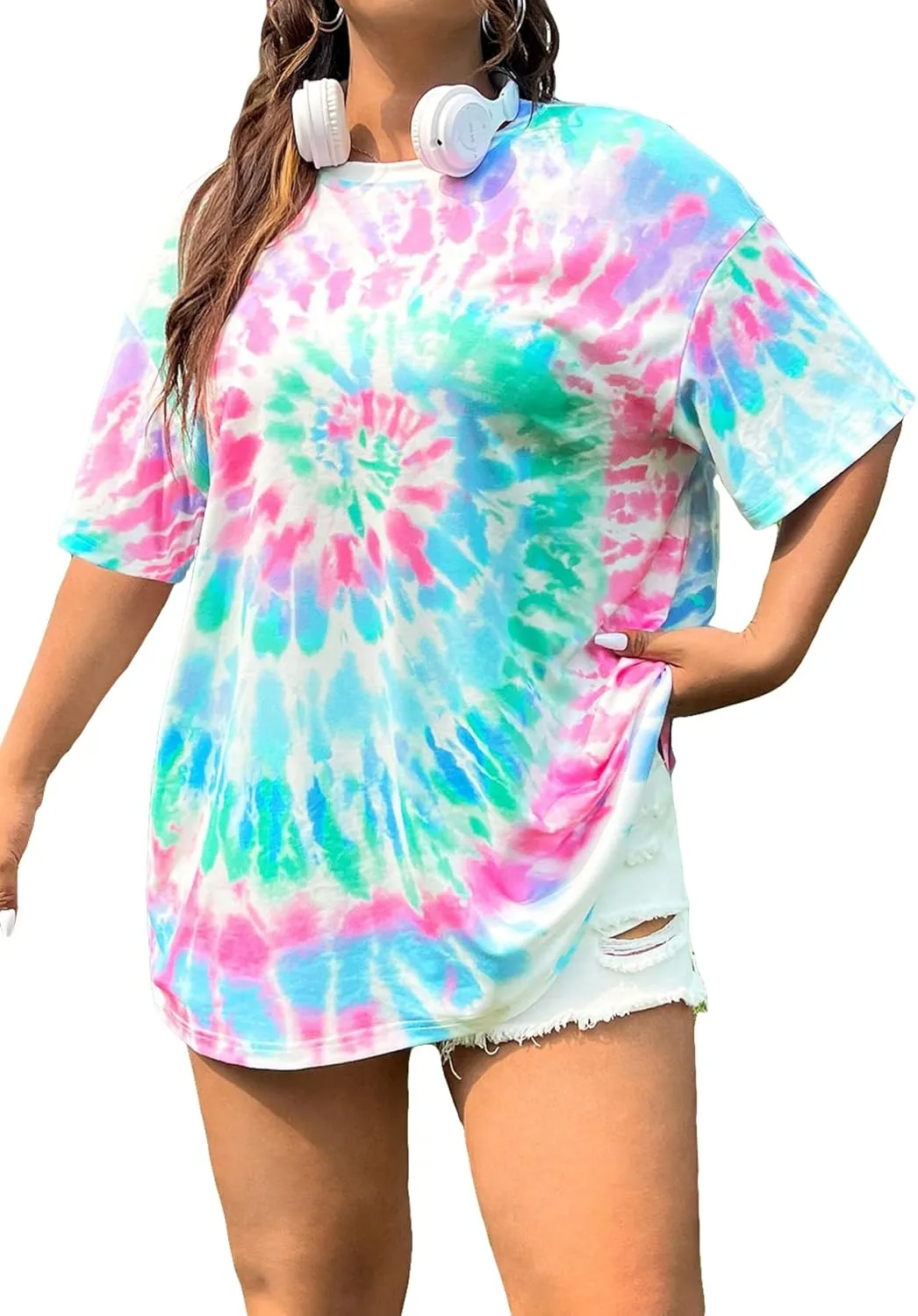 Floerns Women's Plus Size Tie Dye Short Sleeve Tees Crewneck Oversized T Shirts