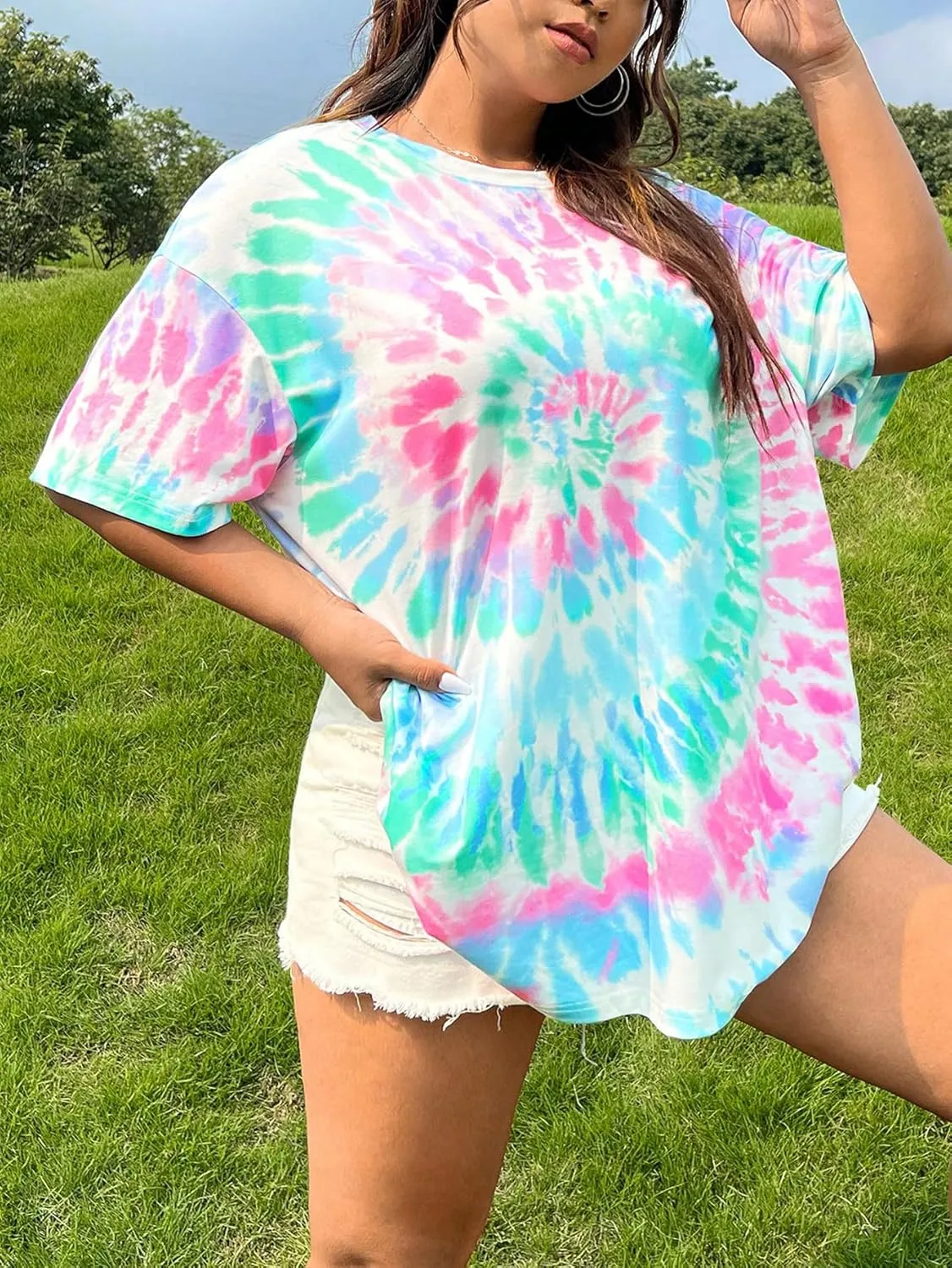 Floerns Women's Plus Size Tie Dye Short Sleeve Tees Crewneck Oversized T Shirts