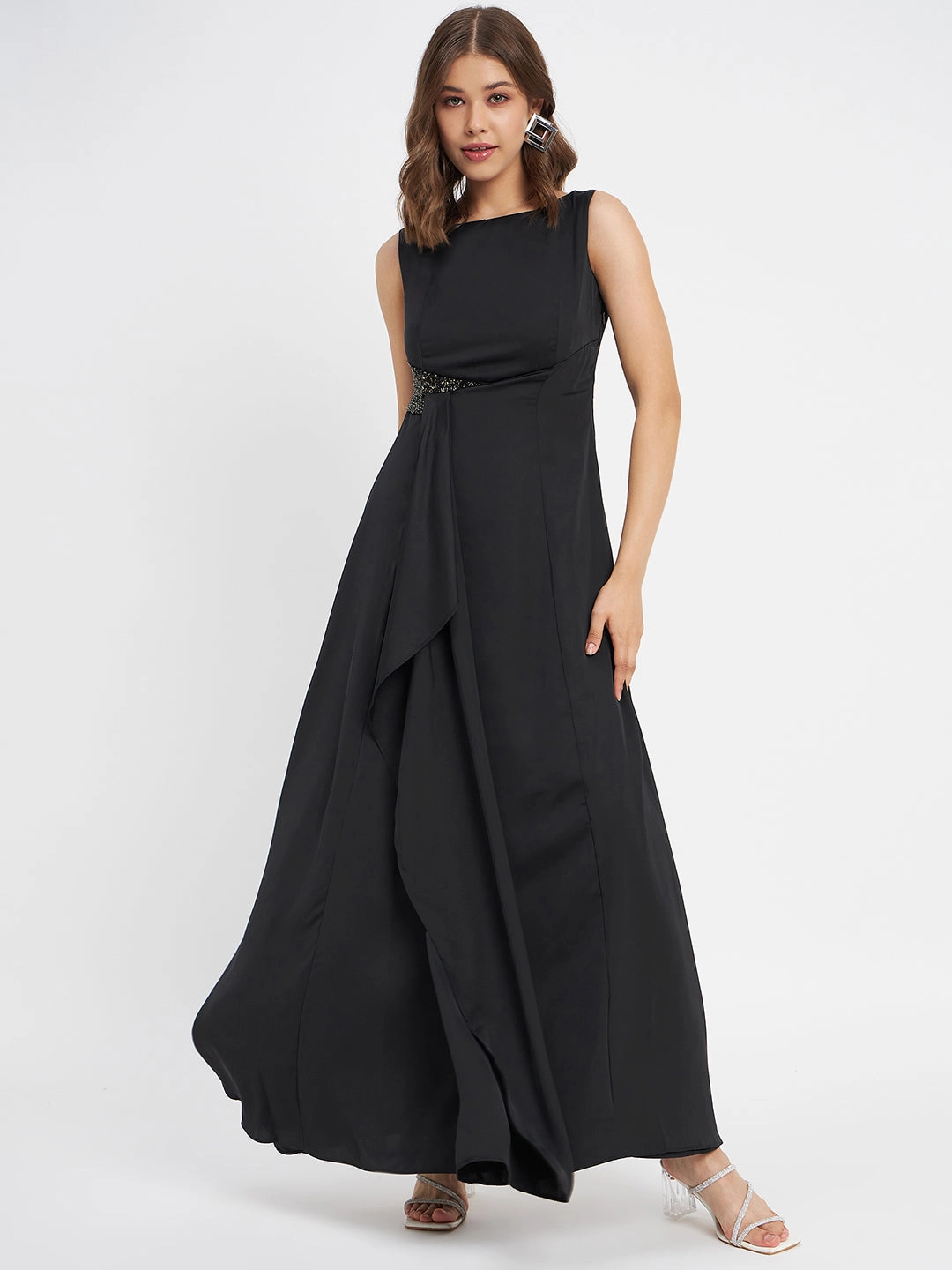 Madame Black Shimmer Detailing Ruffle Dress Clean Outline Pose Glow