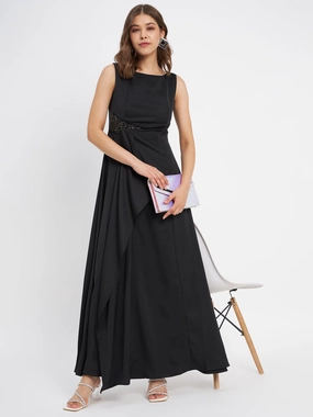 Madame Black Shimmer Detailing Ruffle Dress Casual Motion Pure Fabric