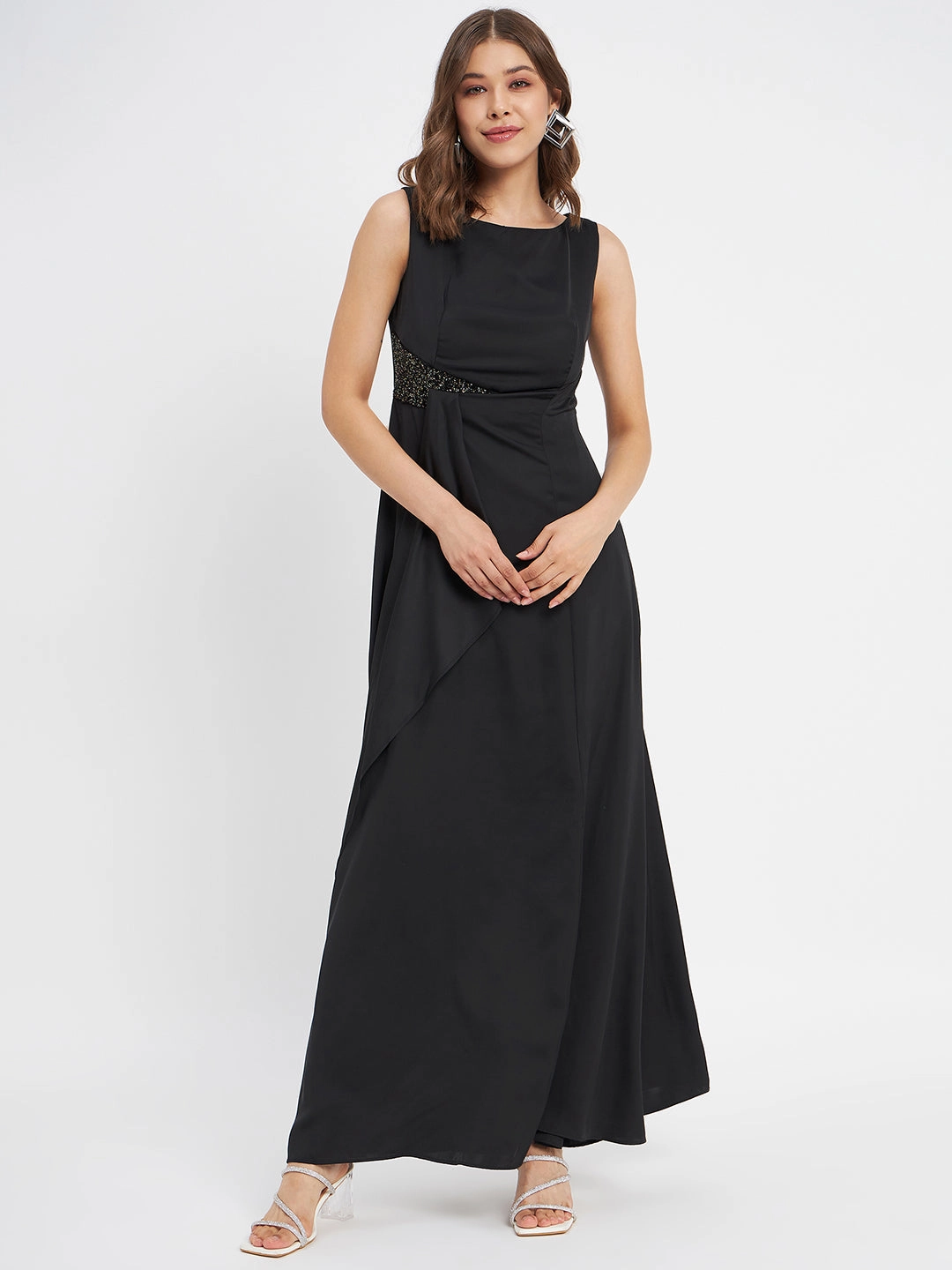 Madame Black Shimmer Detailing Ruffle Dress Chic Casual Wear