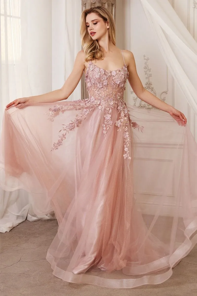 Floral Applique A-Line Scoop Neck Adjustable Open Back Bodice Long Boho & Prom Dress CDA1142