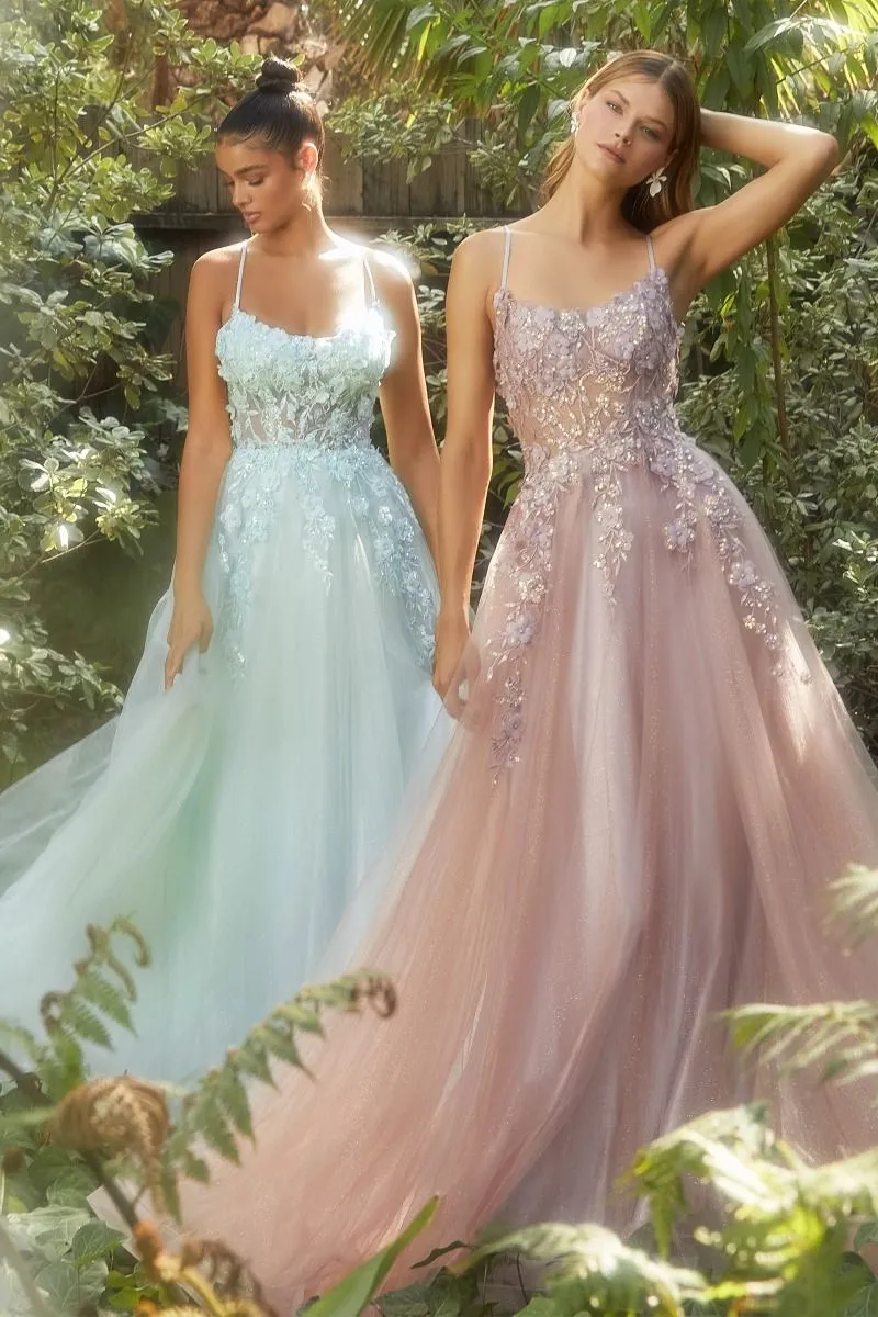 Floral Applique A-Line Scoop Neck Adjustable Open Back Bodice Long Boho & Prom Dress CDA1142